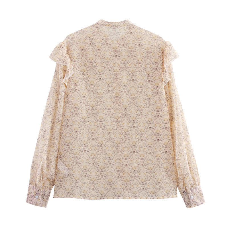 Back view of Women’s Tulle Printed Long Sleeve Shirt featuring a delicate floral pattern and ruffle details.