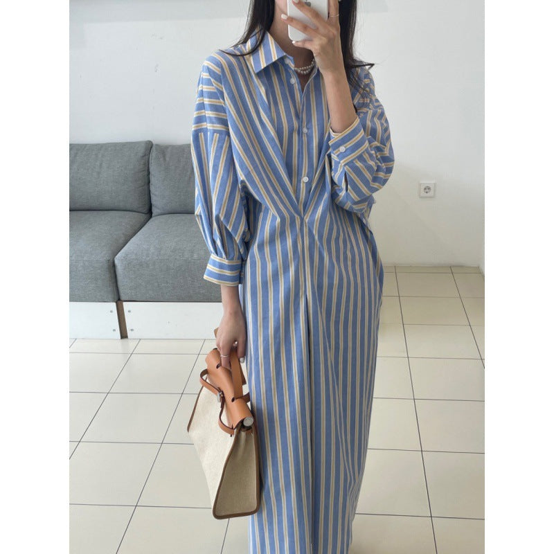 Contrast Color Striped Pleated Design Loose Casual Long Sleeves Shirt Dress