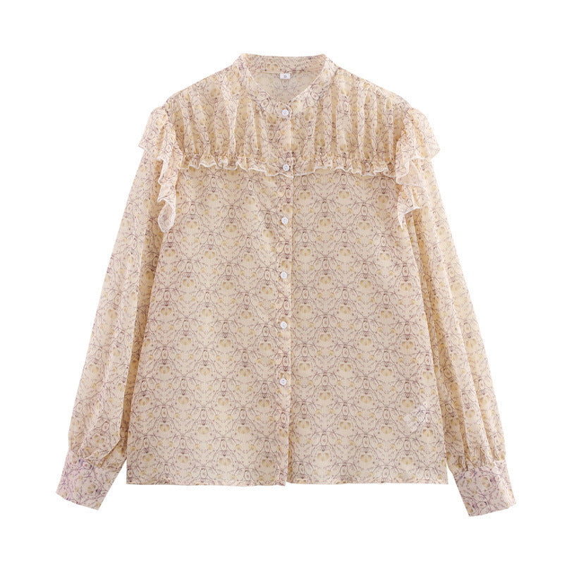 Women’s Tulle Printed Long Sleeve Shirt featuring a ruffled design and a floral pattern in soft mesh-tulle fabric.