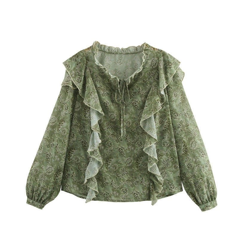 Laminated Decoration Gentle And Stylish Printed Round Neck Shirt