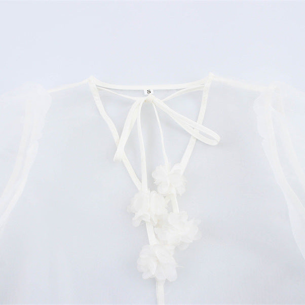 V-neck Puff Sleeve Three-dimensional Flower Decoration Sheer Top