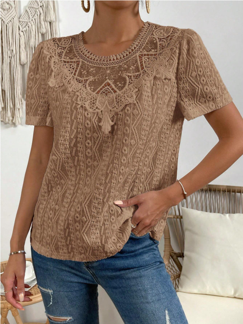 Lace Stitching Hollow Round Neck Solid Color Short Sleeve