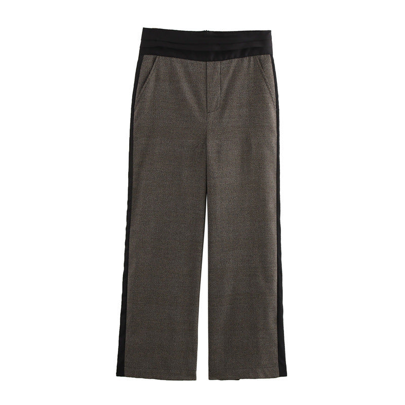 High Waist Fashion Belt Plaid Wide Leg Straight Casual Trousers