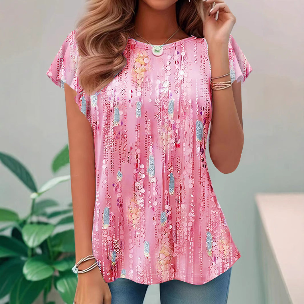 Casual And Sweet Commuter Round Neck Flying Sleeves Short Sleeve