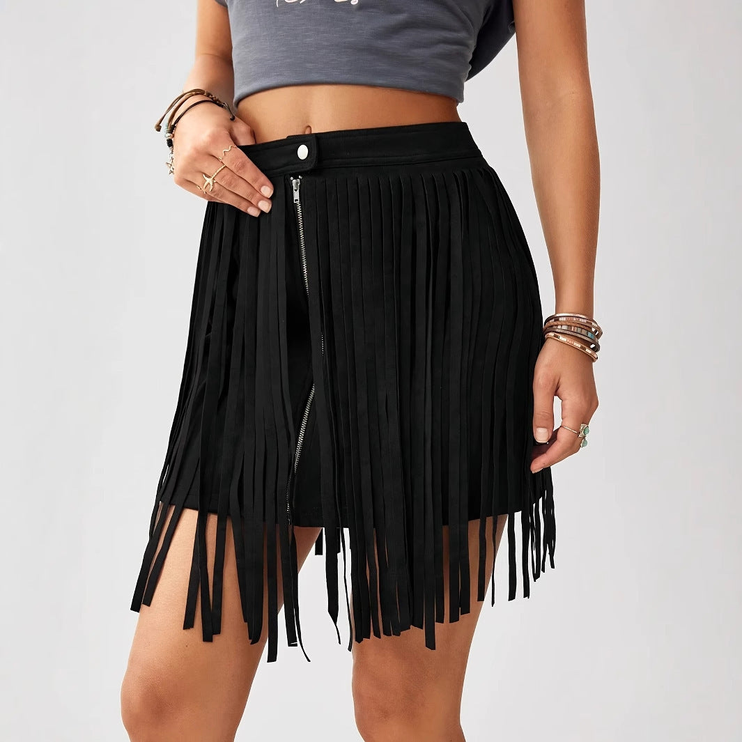 Western Denim Style Women's Solid Color Tassel Front Zipper Casual Short Skirt