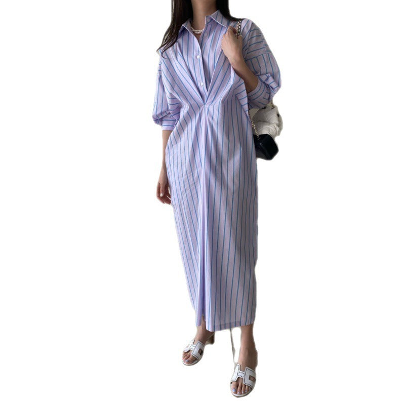 Contrast Color Striped Pleated Design Loose Casual Long Sleeves Shirt Dress