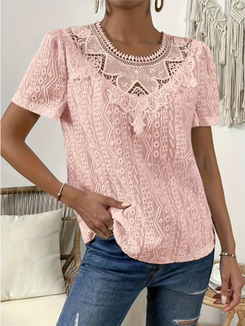 Lace Stitching Hollow Round Neck Solid Color Short Sleeve