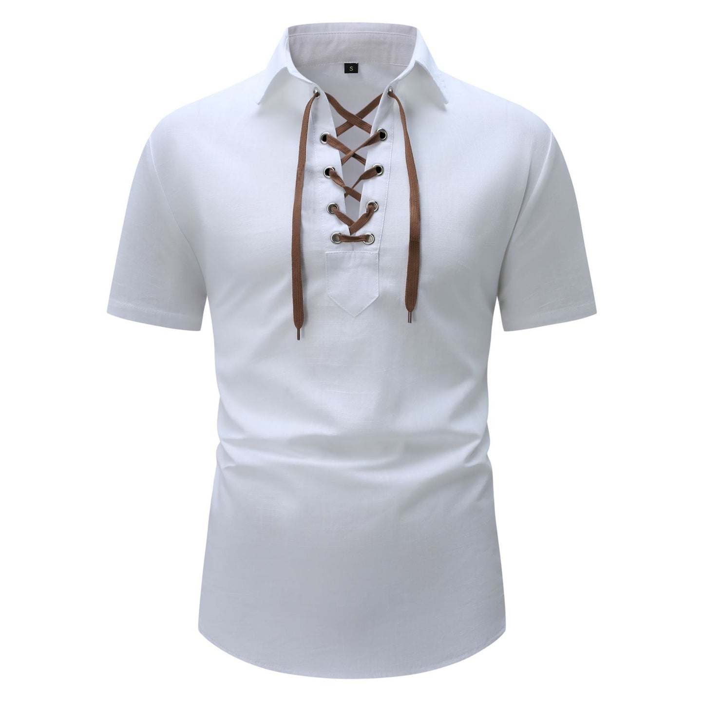 European And American Men's Cotton And Linen Lapel Loose V-neck Lace Shirt