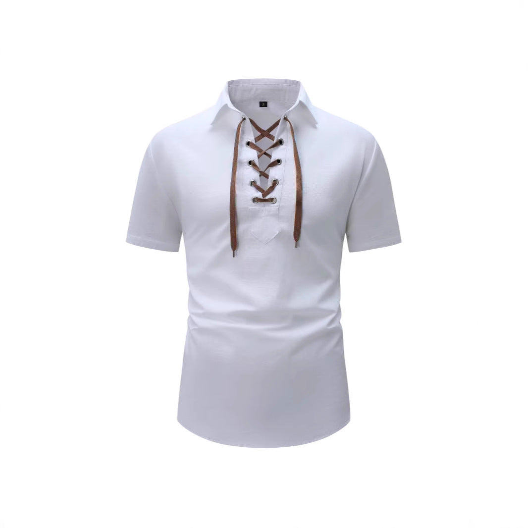 European And American Men's Cotton And Linen Lapel Loose V-neck Lace Shirt