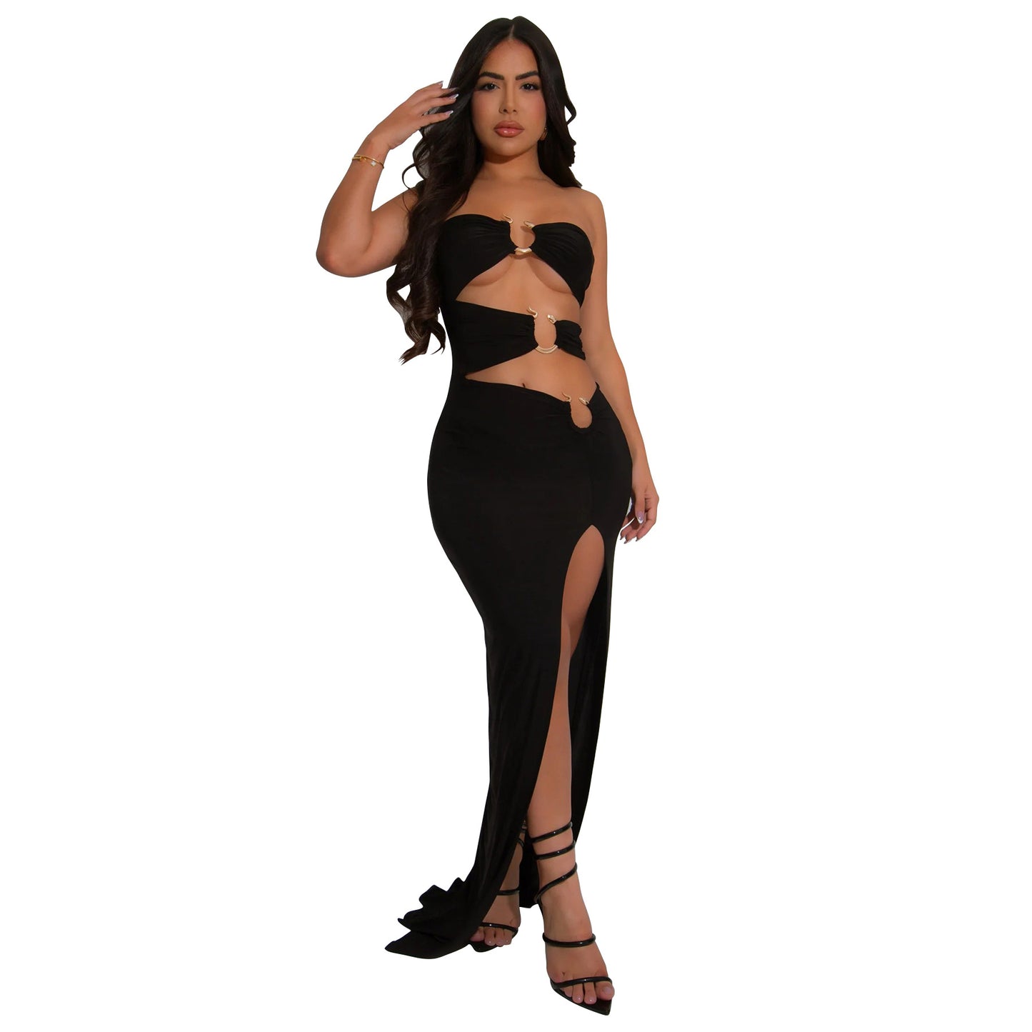 Women's Snake-shaped Decorative Solid Color Backless Sexy Slit Tube Top Dress
