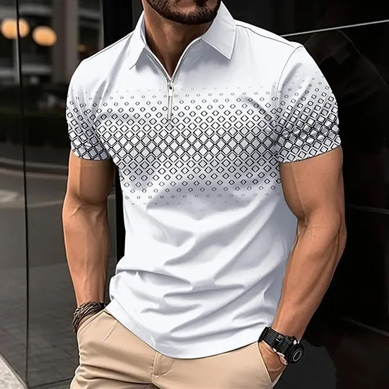 Men's Zipper Polo Shirt Casual Short Sleeve