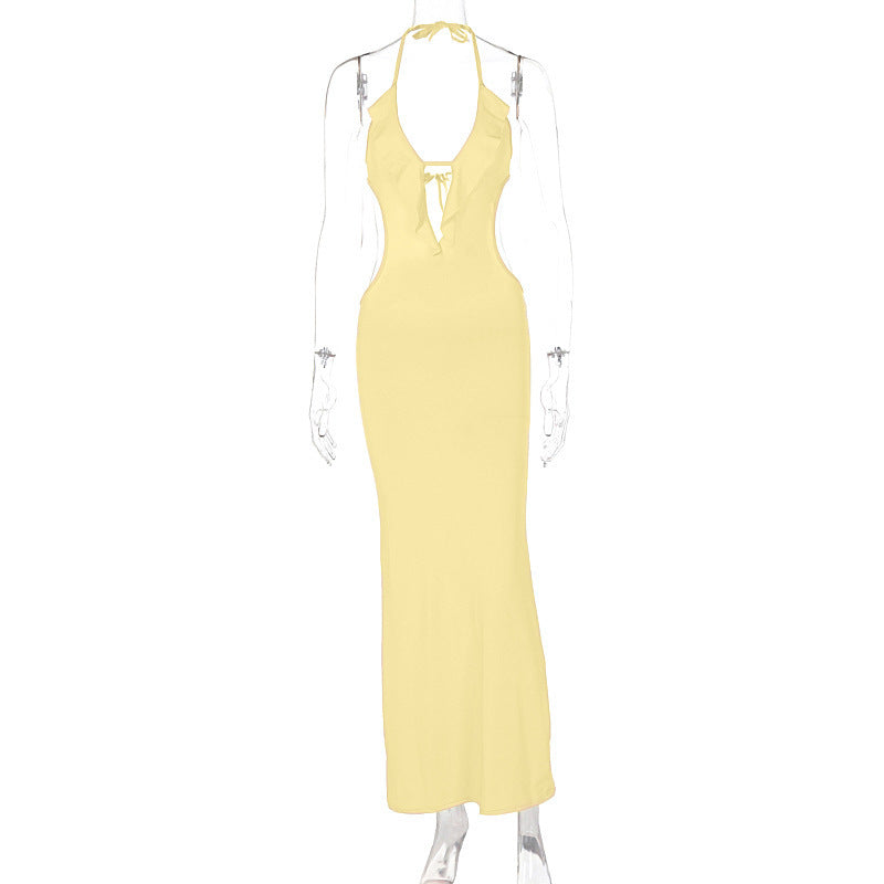 Hot Girl Close-fitting And Slim-fitting Pure Color Halter Sling Dress