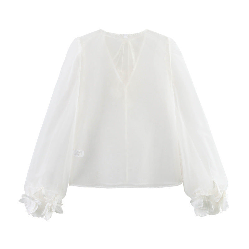 V-neck Puff Sleeve Three-dimensional Flower Decoration Sheer Top