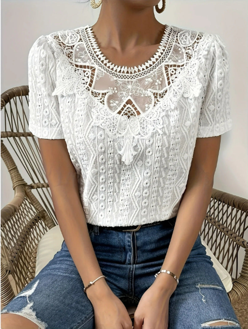 Lace Stitching Hollow Round Neck Solid Color Short Sleeve