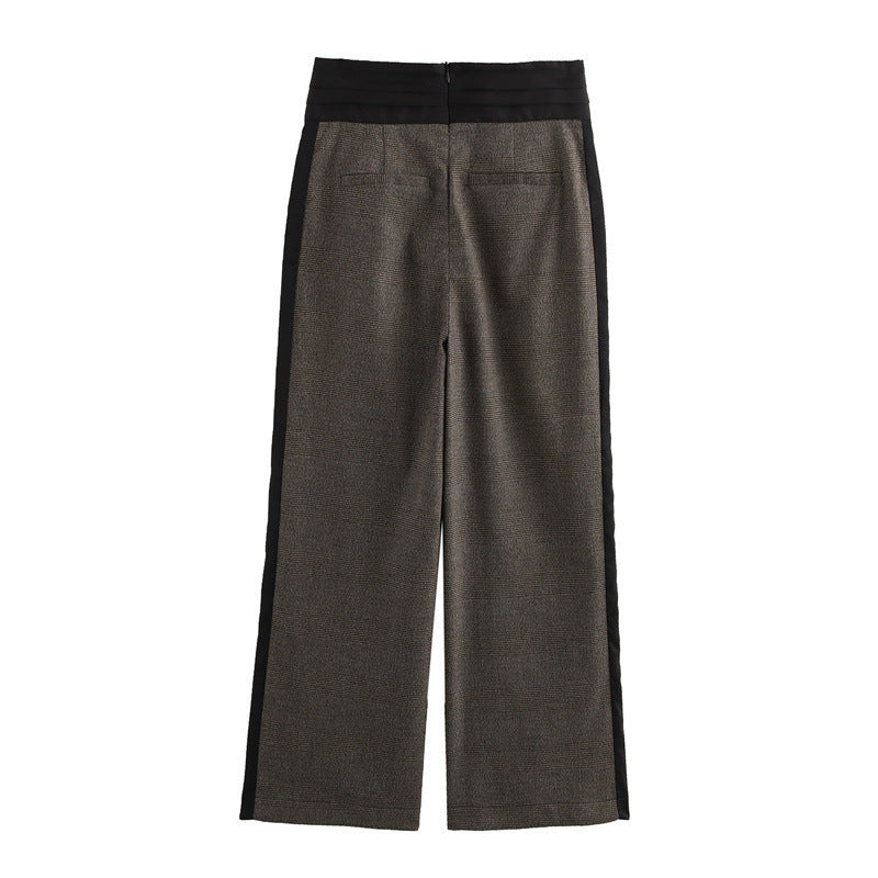 High Waist Fashion Belt Plaid Wide Leg Straight Casual Trousers