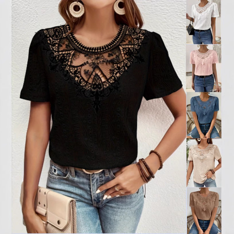 Lace Stitching Hollow Round Neck Solid Color Short Sleeve