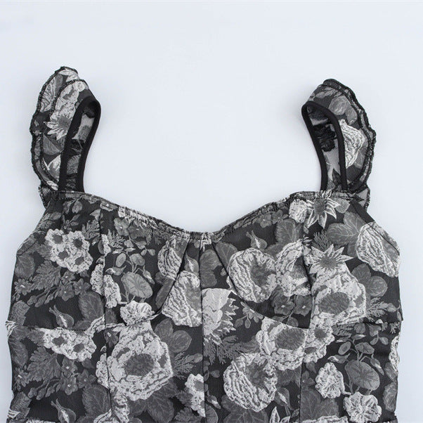 European And American Style Elegant Jacquard Waist Trimming Short Sling Dress