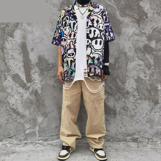 Rainbowtouches Shirt Man Hip Hop High Street Graffiti Smile Face Printing Casual Short Sleeve Tops Couples Fashion