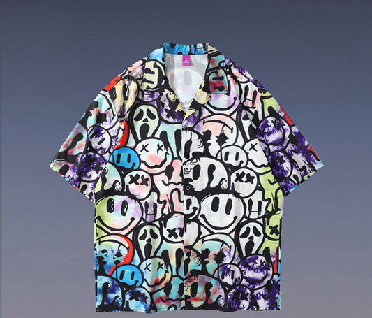 Rainbowtouches Shirt Man Hip Hop High Street Graffiti Smile Face Printing Casual Short Sleeve Tops Couples Fashion