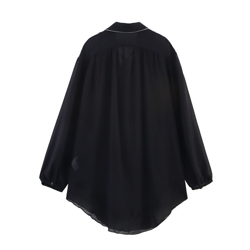 Back view of the Women’s European American Long Shirt showcasing its elegant black design and relaxed fit.