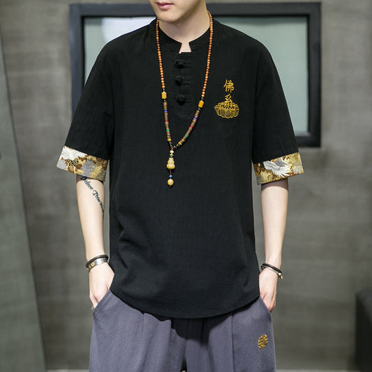 Men's Tang Suit Chinese Knot Button Embroidery T-shirt T-shirt Top