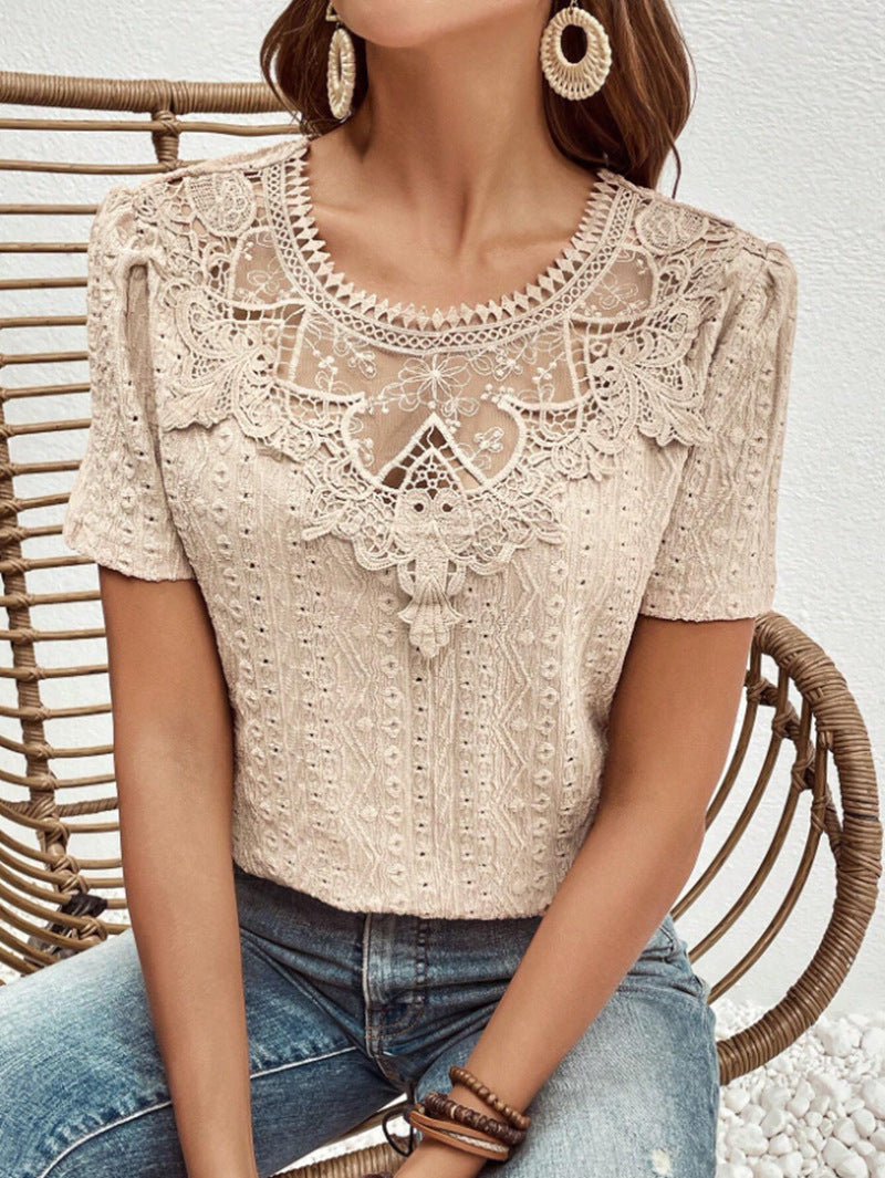 Lace Stitching Hollow Round Neck Solid Color Short Sleeve