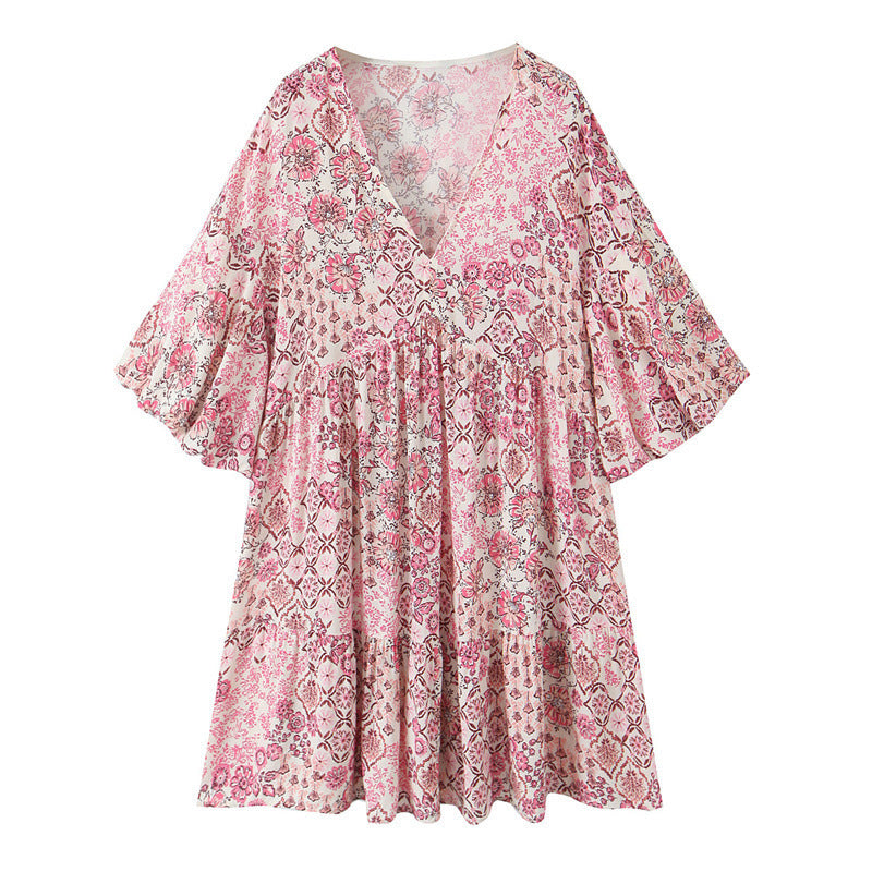 Floral Print Puff Sleeves Printed Dress