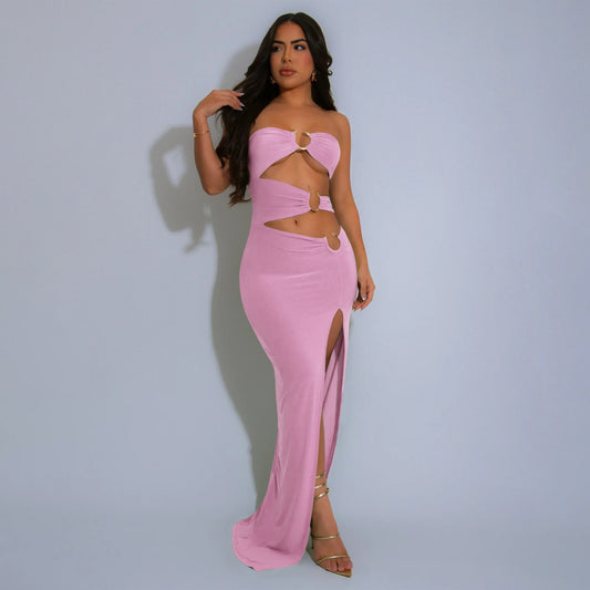 Women's Snake-shaped Decorative Solid Color Backless Sexy Slit Tube Top Dress