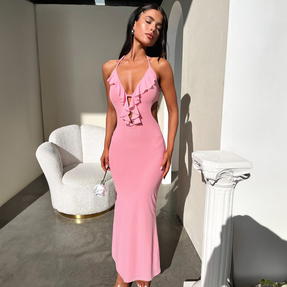 Hot Girl Close-fitting And Slim-fitting Pure Color Halter Sling Dress