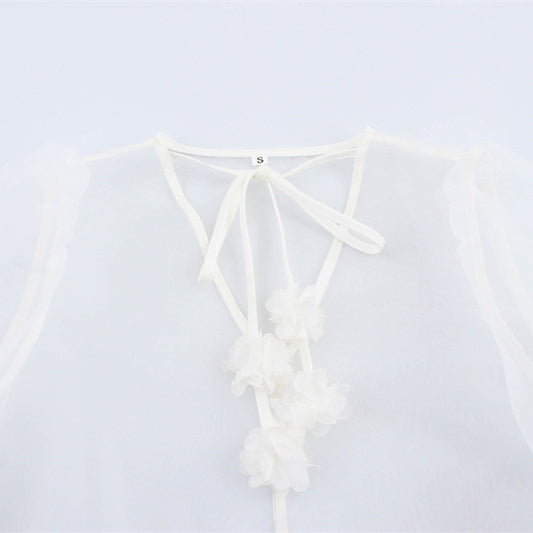 V-neck Puff Sleeve Three-dimensional Flower Decoration Sheer Top