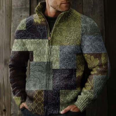 Mens Casual 3D-printed Zip-up Jacket With A Chunky Knit Design