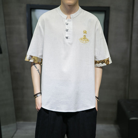 Men's Tang Suit Chinese Knot Button Embroidery T-shirt T-shirt Top