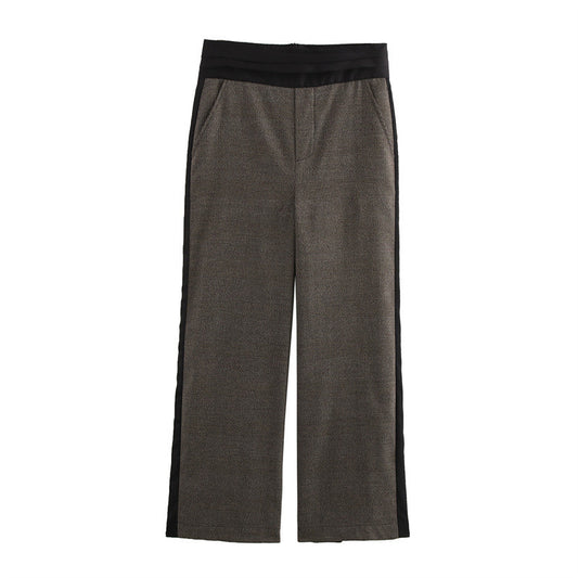 High Waist Fashion Belt Plaid Wide Leg Straight Casual Trousers