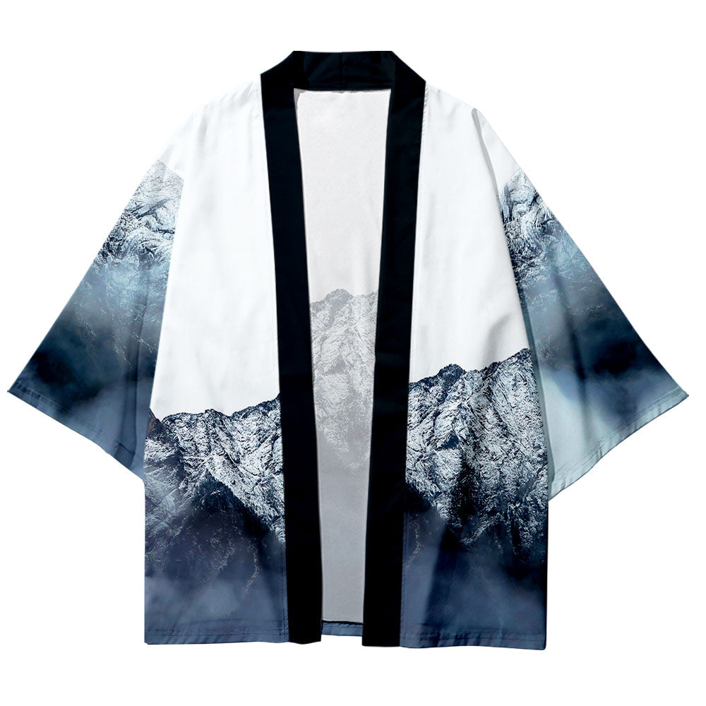 Summer Haori Kimono 3D Color Block Landscape Stitching Printing Cropped Shirt Robe Cardigan Loose Men