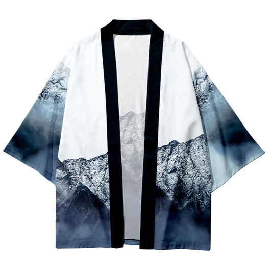 Summer Haori Kimono 3D Color Block Landscape Stitching Printing Cropped Shirt Robe Cardigan Loose Men