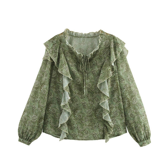 Laminated Decoration Gentle And Stylish Printed Round Neck Shirt