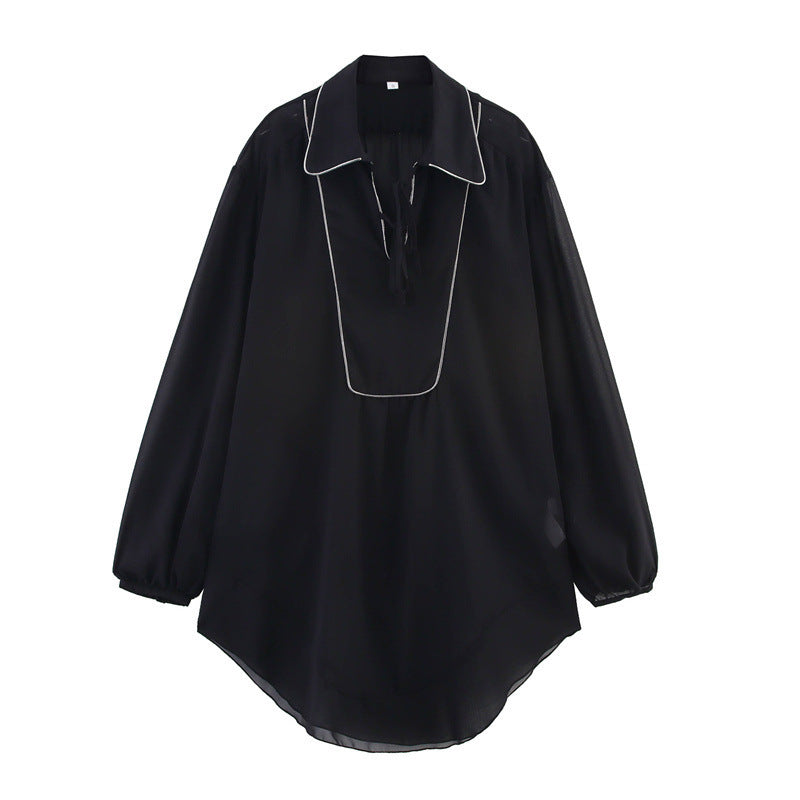 Women’s European American Long Shirt - Stylish black long shirt with a modern collar and elegant fit.