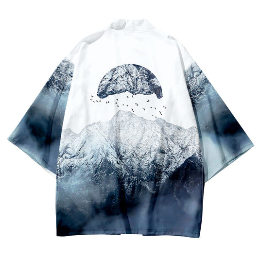 Summer Haori Kimono 3D Color Block Landscape Stitching Printing Cropped Shirt Robe Cardigan Loose Men