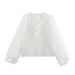 V-neck Puff Sleeve Three-dimensional Flower Decoration Sheer Top