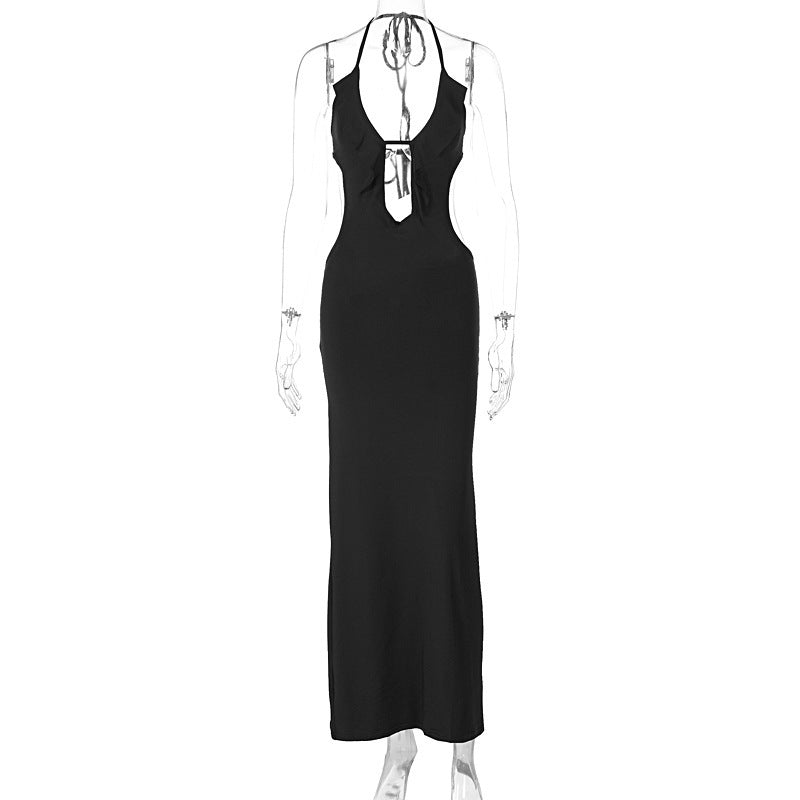 Hot Girl Close-fitting And Slim-fitting Pure Color Halter Sling Dress