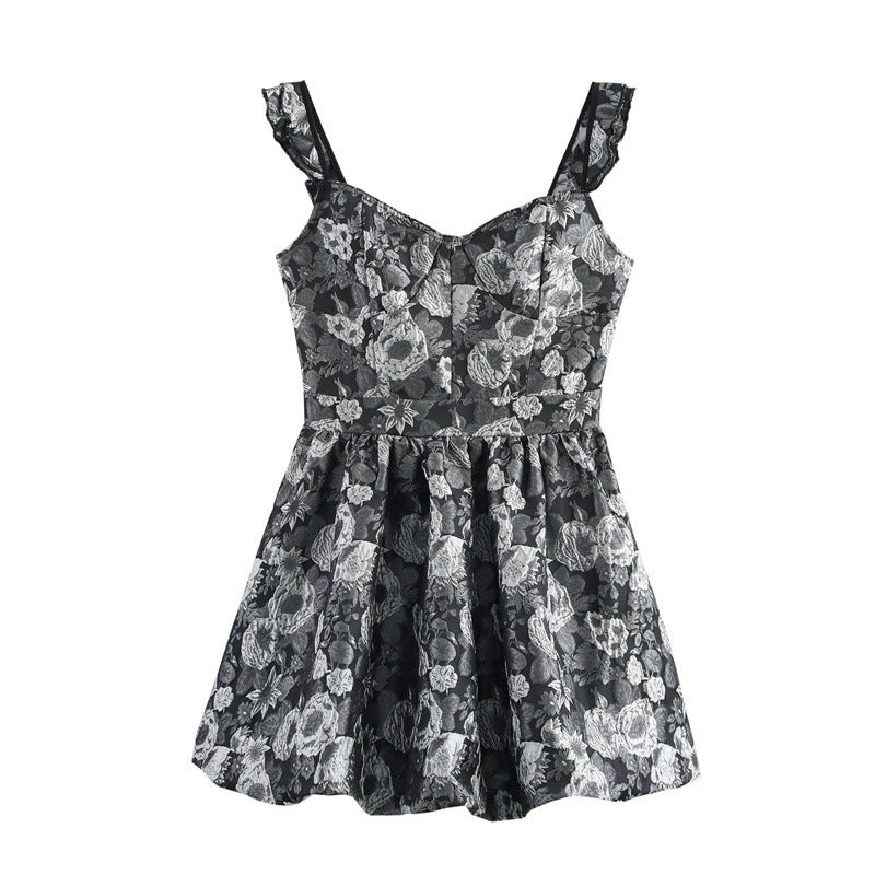European And American Style Elegant Jacquard Waist Trimming Short Sling Dress