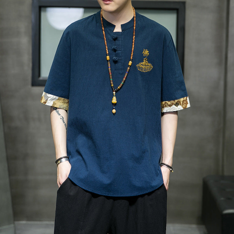 Men's Tang Suit Chinese Knot Button Embroidery T-shirt T-shirt Top