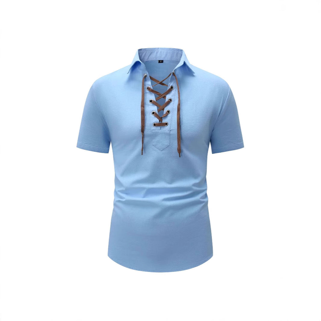 European And American Men's Cotton And Linen Lapel Loose V-neck Lace Shirt