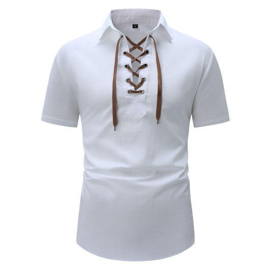 European And American Men's Cotton And Linen Lapel Loose V-neck Lace Shirt