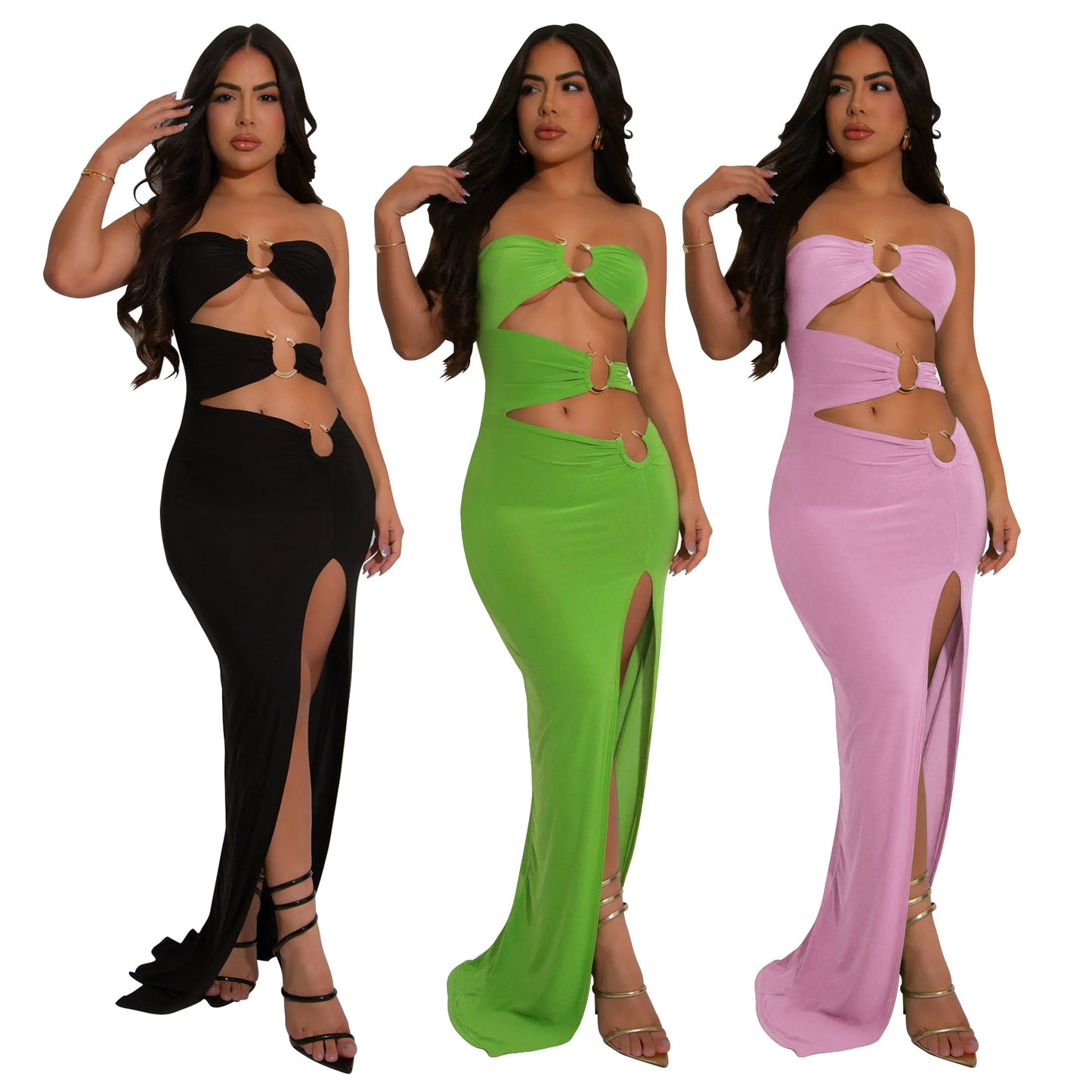 Women's Snake-shaped Decorative Solid Color Backless Sexy Slit Tube Top Dress