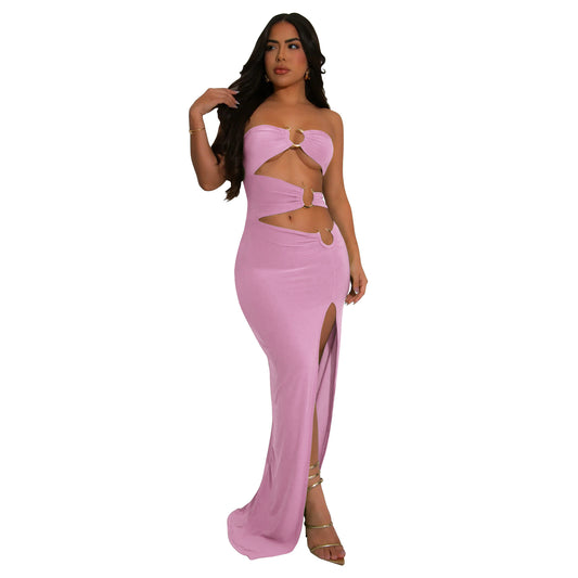 Women's Snake-shaped Decorative Solid Color Backless Sexy Slit Tube Top Dress