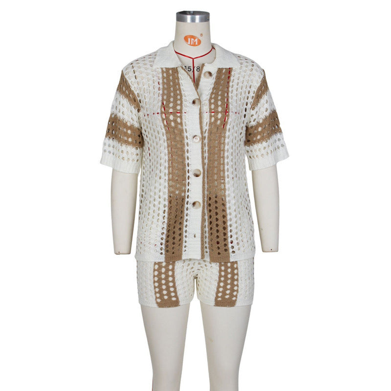 Women's Hollow Out See-through Lapel Knitted Shorts Suit