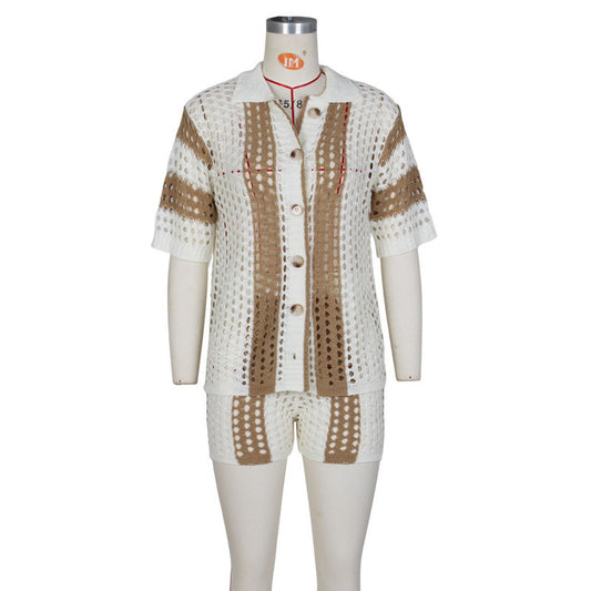 Women's Hollow Out See-through Lapel Knitted Shorts Suit