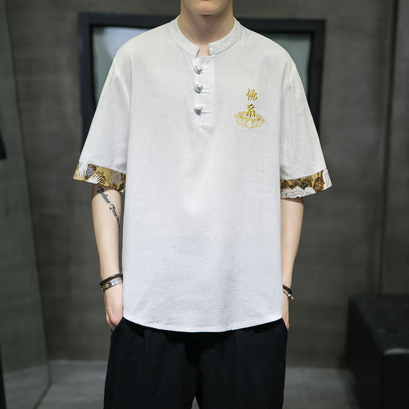Men's Tang Suit Chinese Knot Button Embroidery T-shirt T-shirt Top