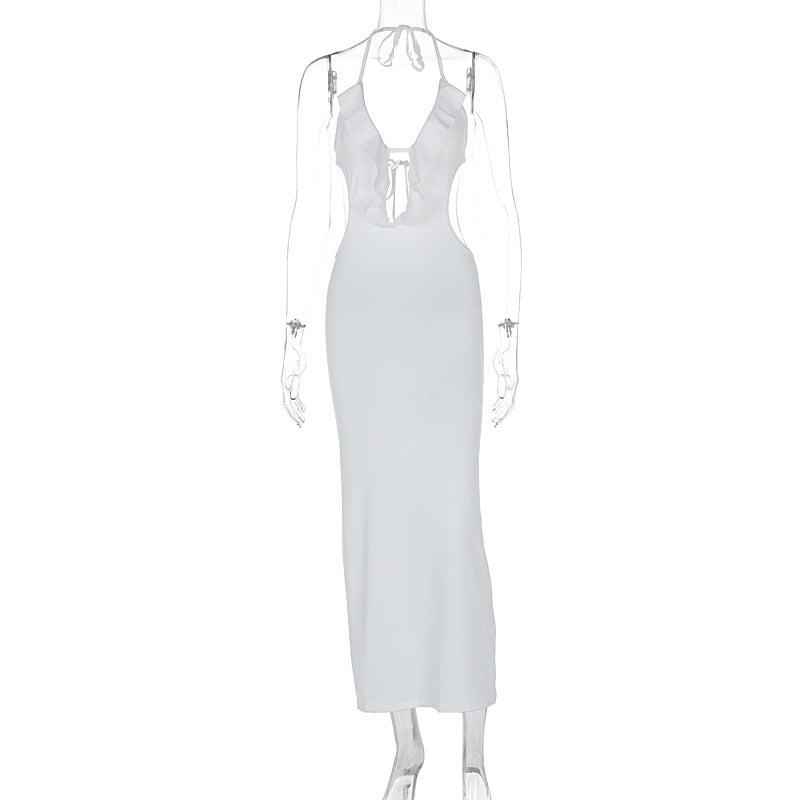 Hot Girl Close-fitting And Slim-fitting Pure Color Halter Sling Dress